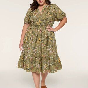 Lane Bryant Puff-Sleeve Tie-Waist Midi Dress Butterflies Tomato Girl Vacation 14
